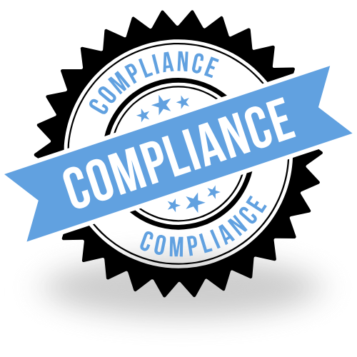 A black and white stamp with a blue ribbon that says compliance.