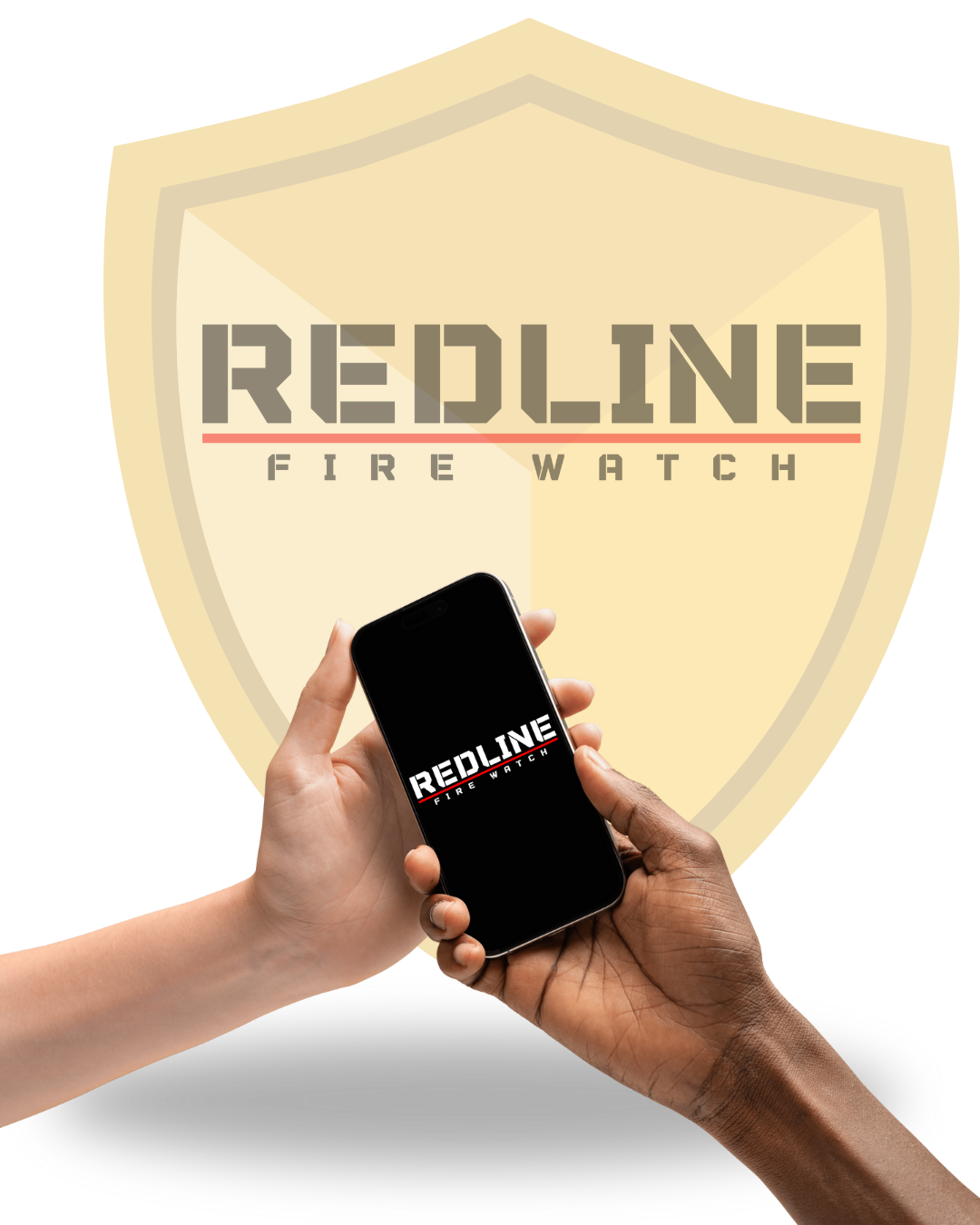 A person is holding a cell phone in front of a redline fire watch logo.