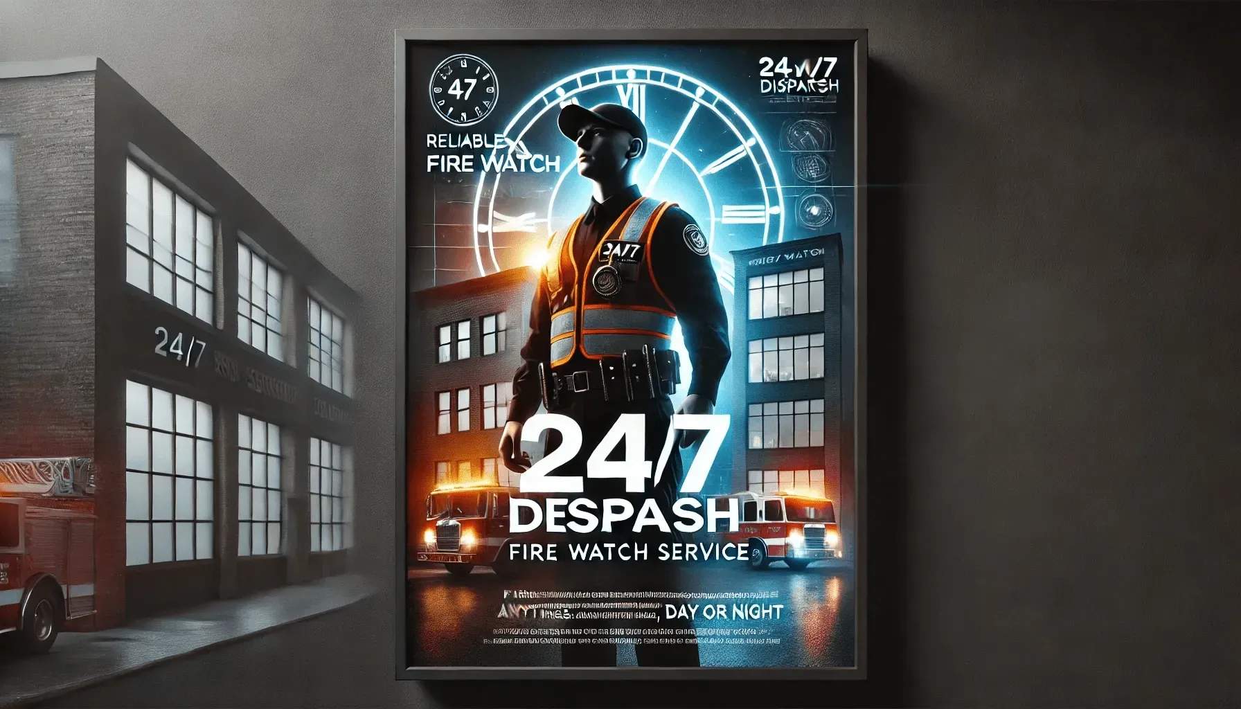 A poster for a fire watch service with a fire watch officer standing in front of a building.