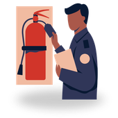 A man is holding a clipboard and a fire extinguisher.