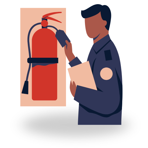 A man is holding a clipboard and a fire extinguisher.