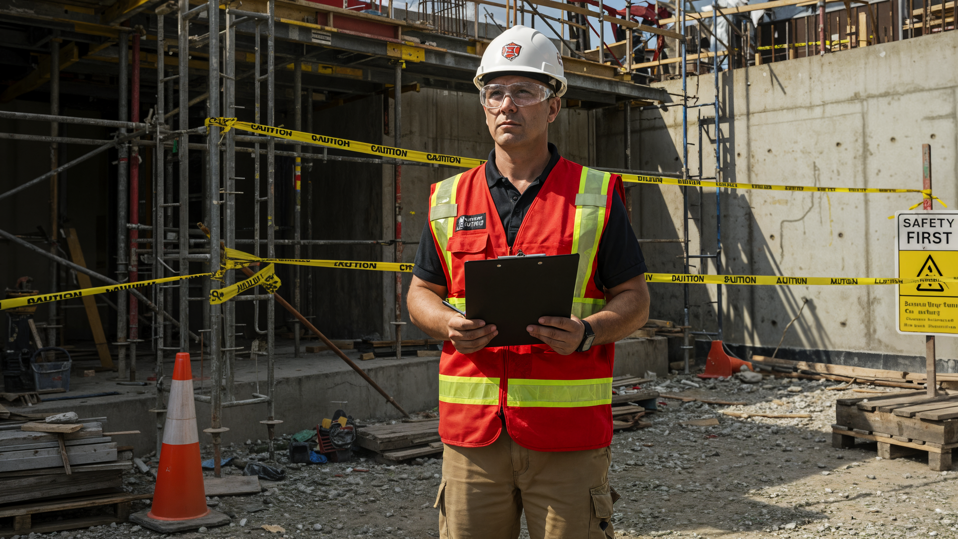 A fire watch worker is standing on a construction site holding a clipboard.