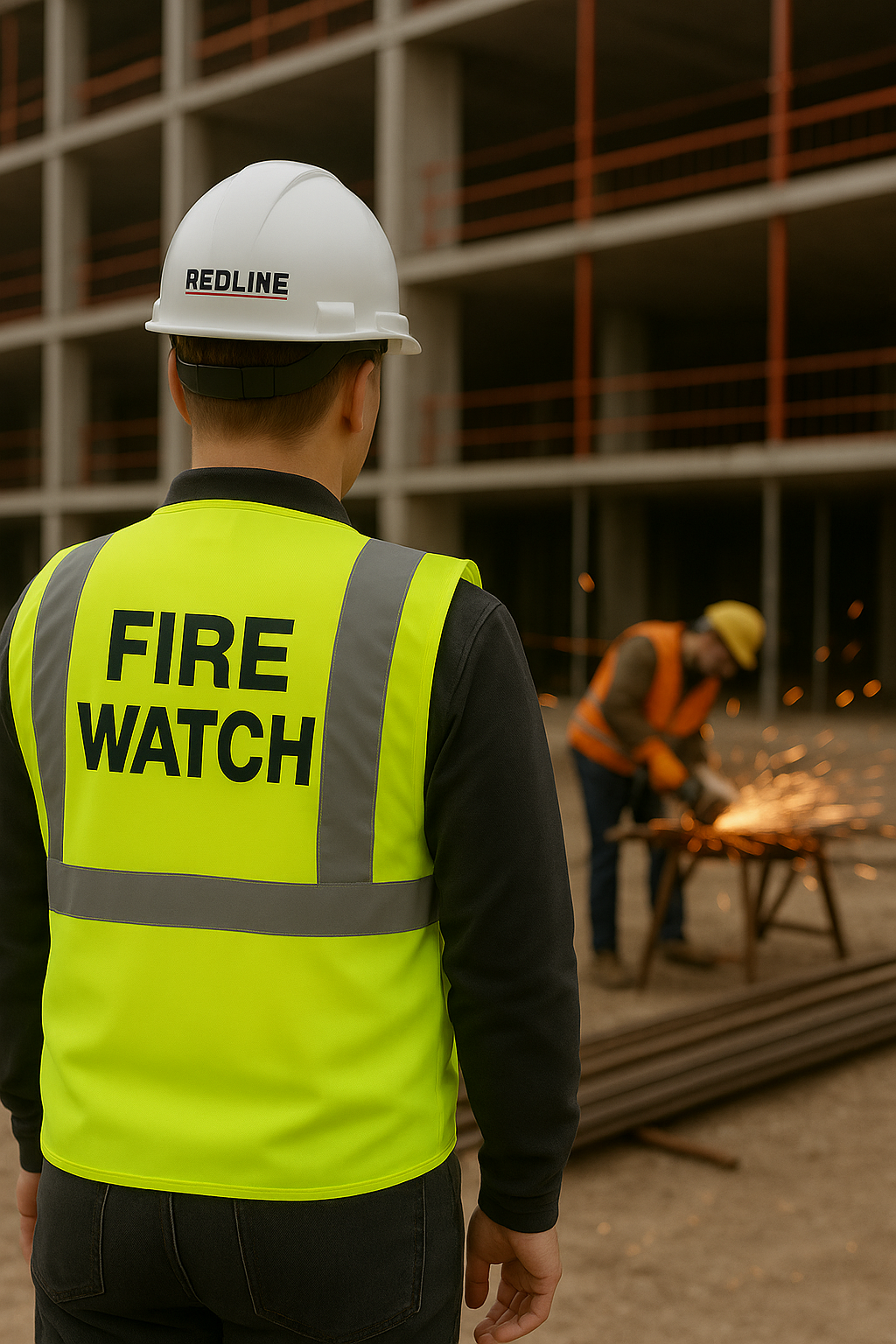 A man wearing a hard hat and a yellow vest that says fire watch is watching a grinder with sparks