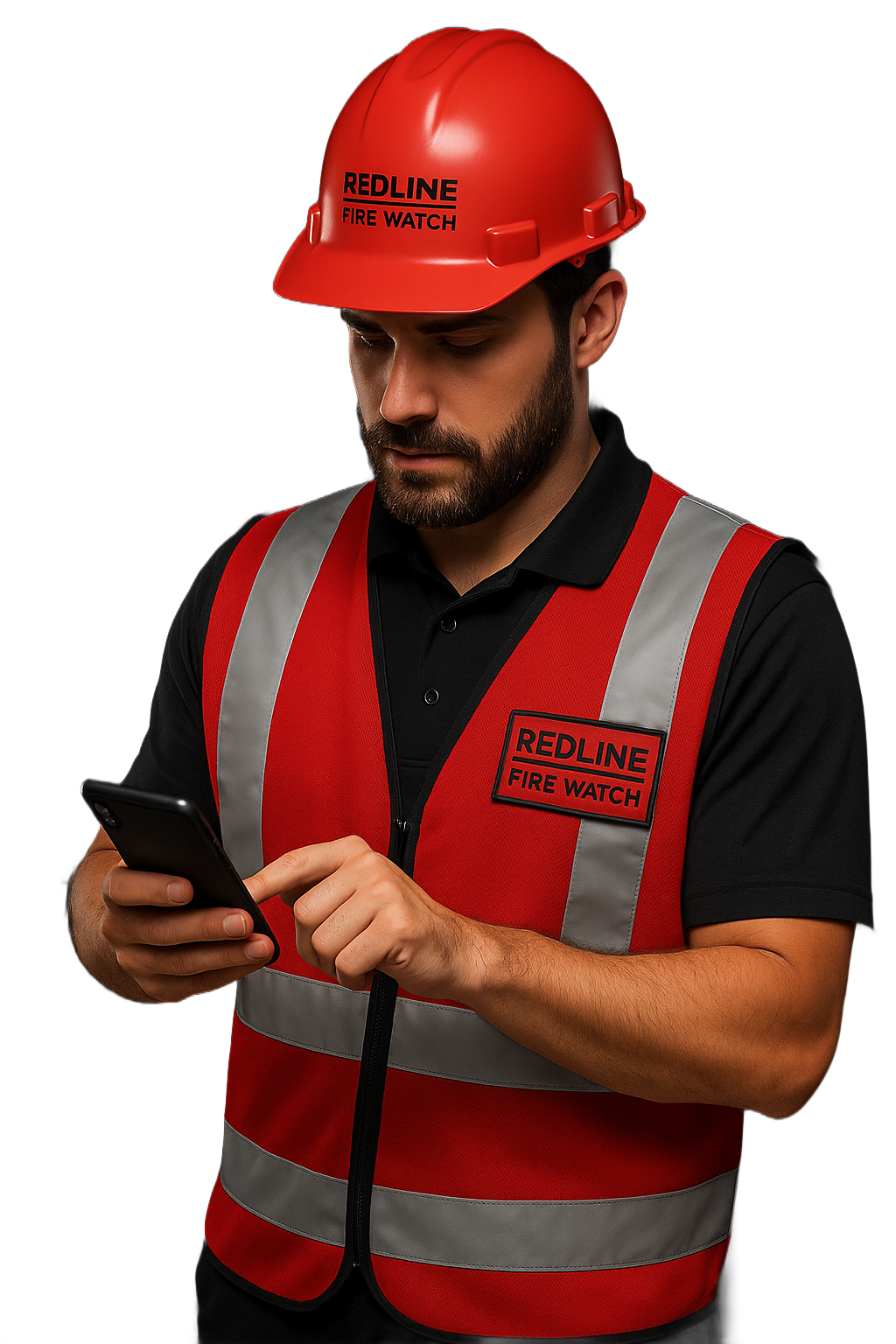 A man is holding a clipboard and a fire extinguisher.