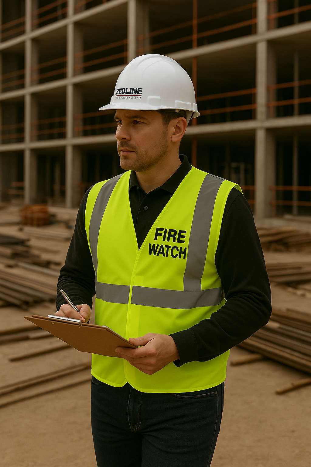 A man wearing a hard hat and a yellow vest is holding a clipboard.