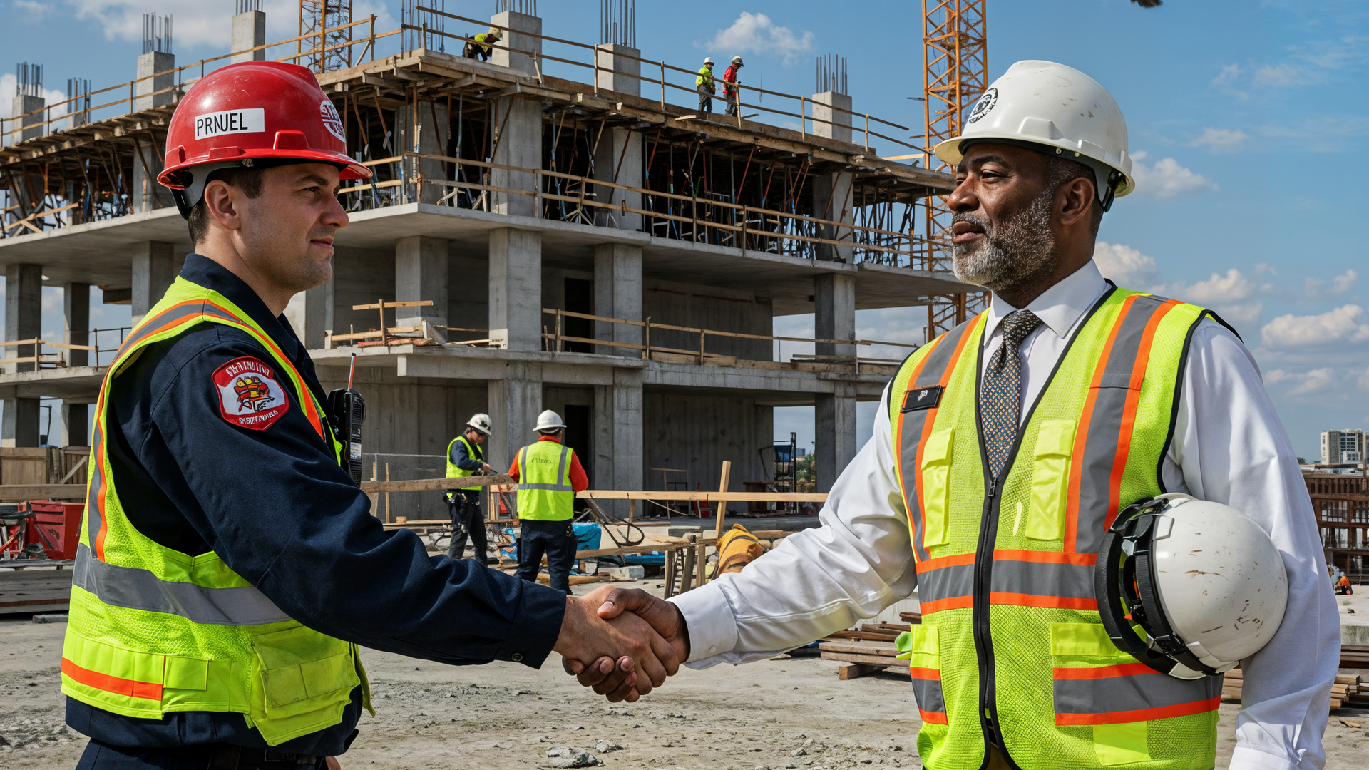 A firefighter and a construction worker are shaking hands on a construction site.