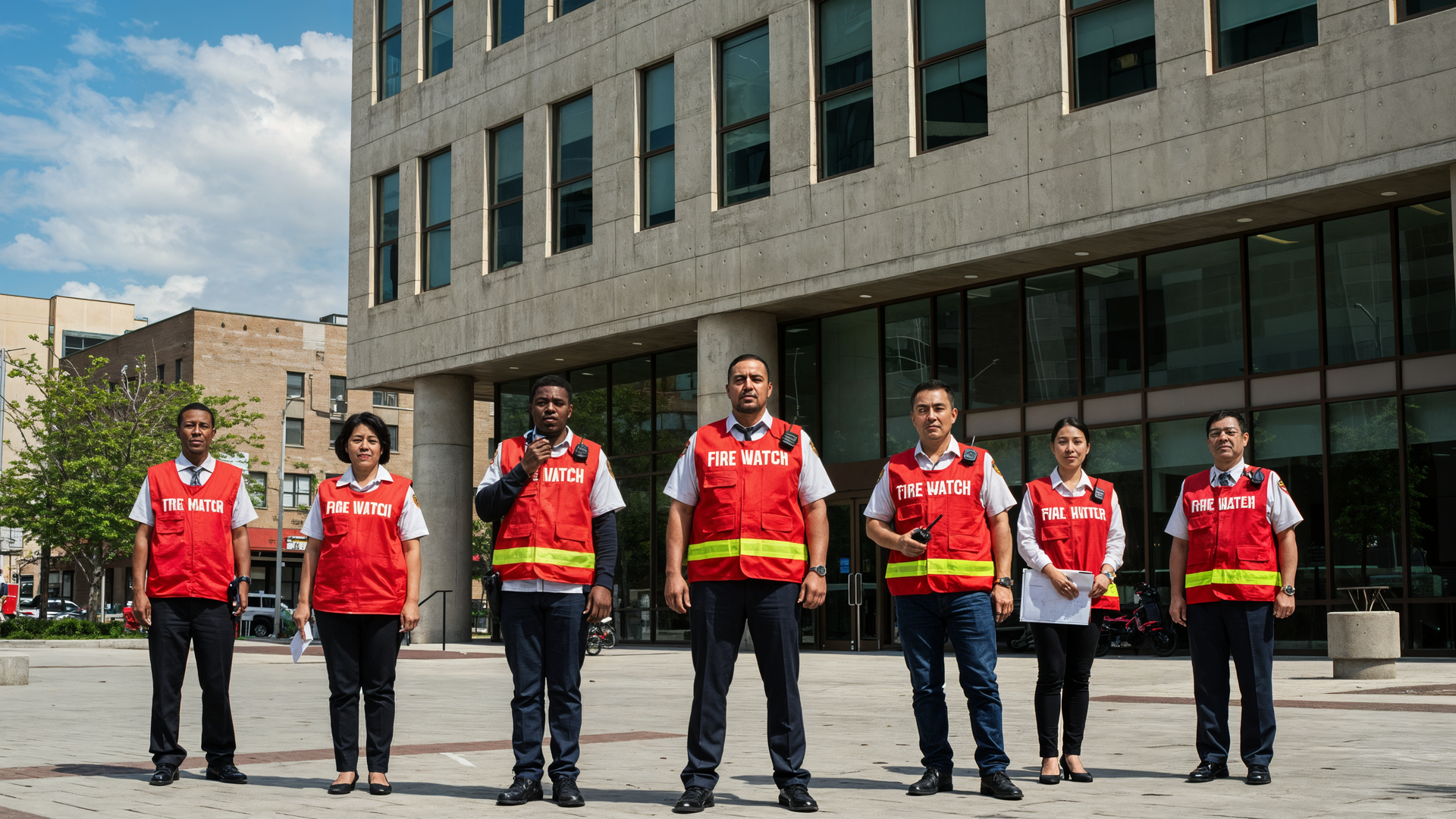 A group of people in red fire watch vests are standing in front of a building.