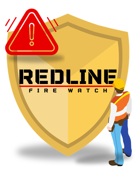 A logo for redline fire watch with a man standing in front of it
