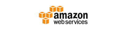 Amazon Web Services logo with orange cubes and black text.