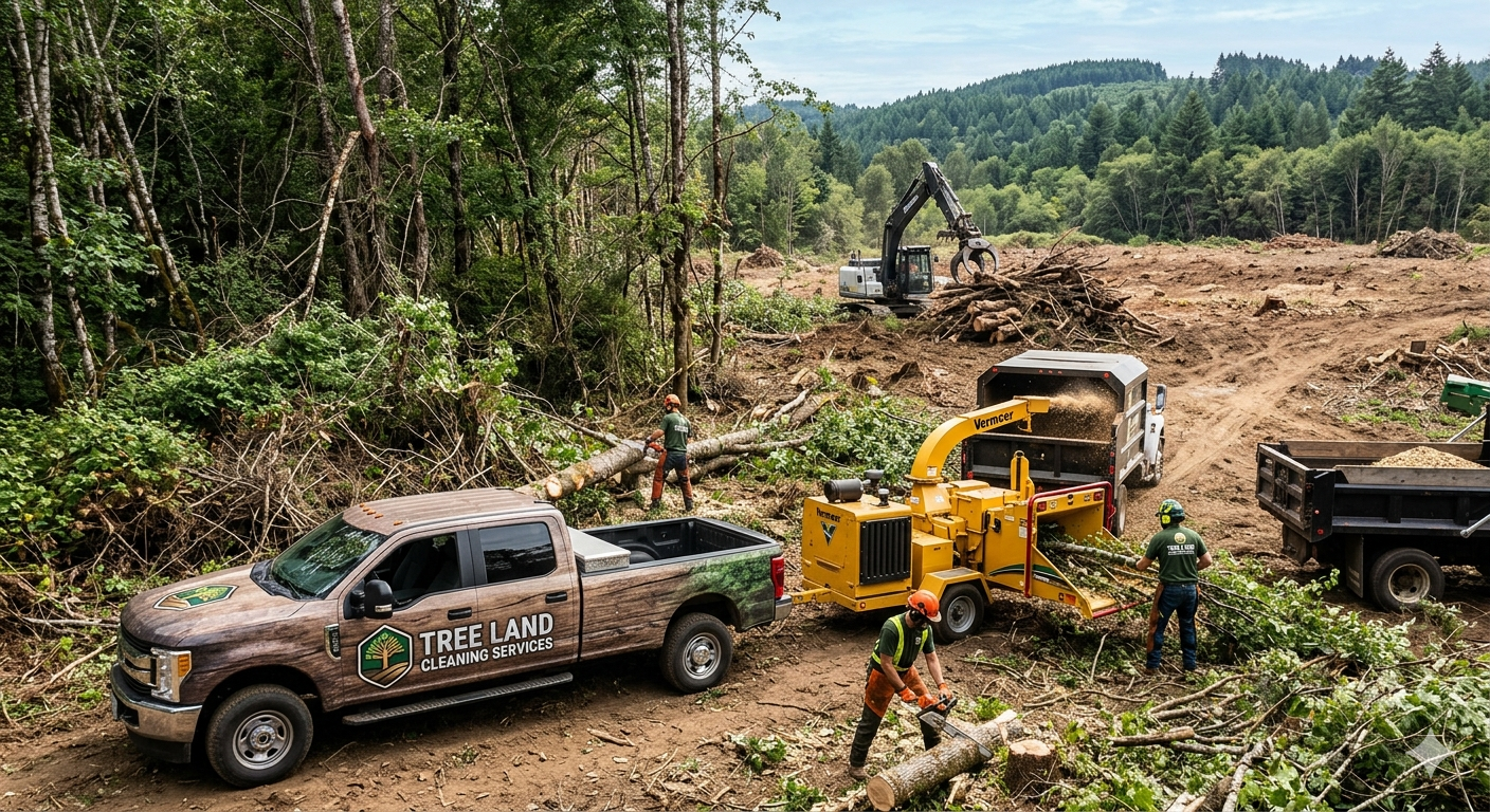 Heavy machinery and trucks clearing a large wooded land lot.