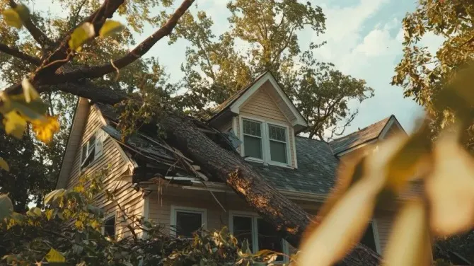 Large tree limb fallen onto a house roof after a storm.