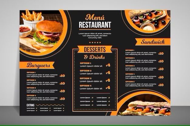 A menu for a restaurant with burgers , sandwiches , desserts and drinks.