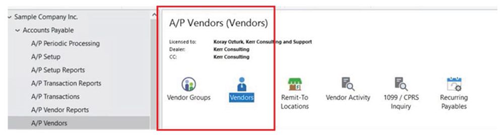 Create vendor in Sage 300 A/P Vendors screen capture