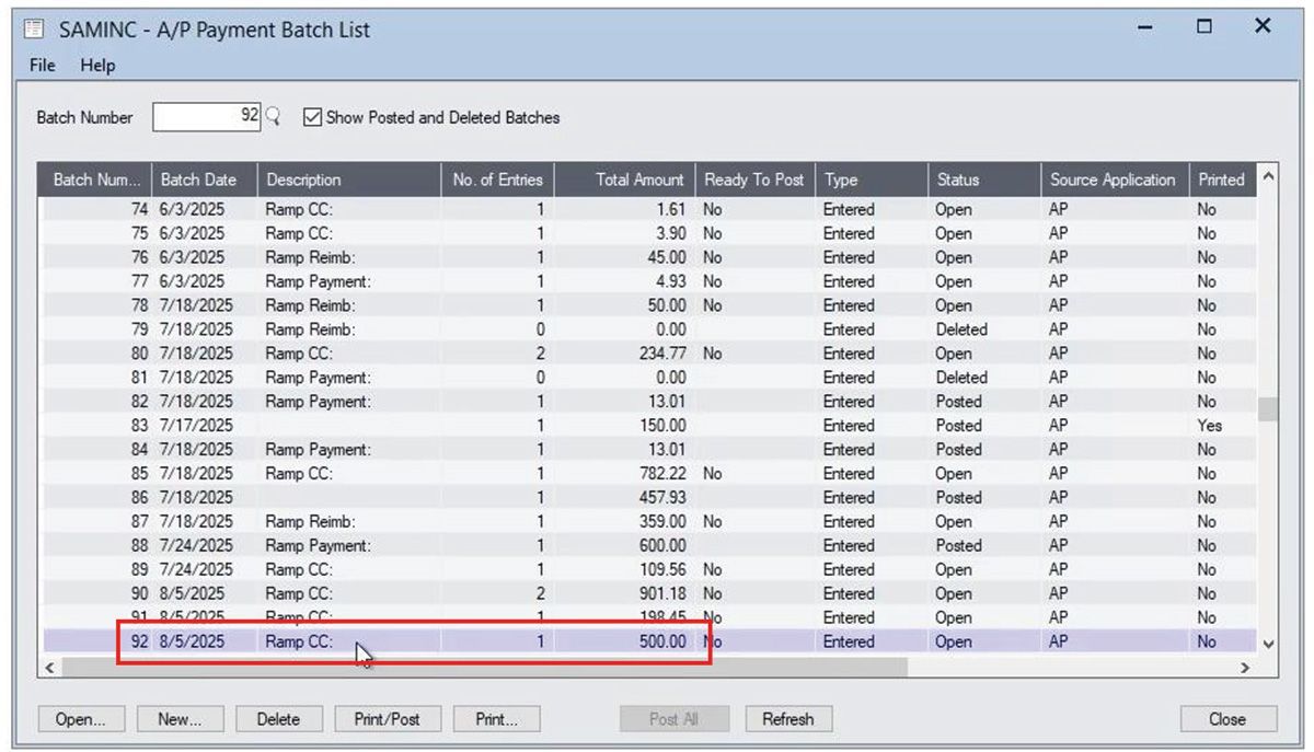 A/P Payment Batch List screen shot for Sage 300