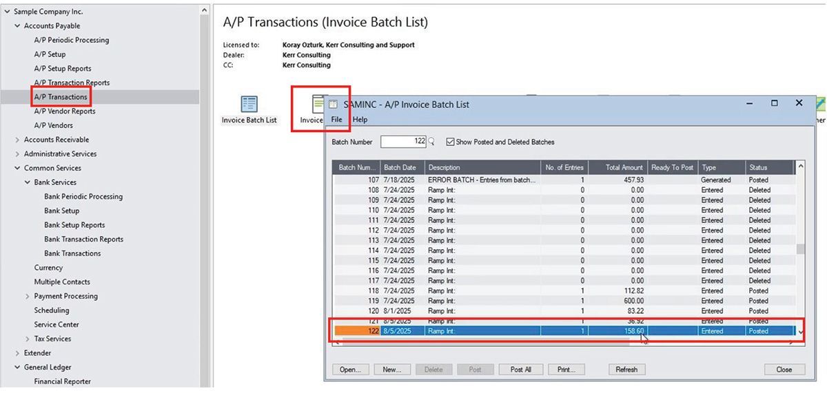 A/P Payment Batch List screen shot for Sage 300