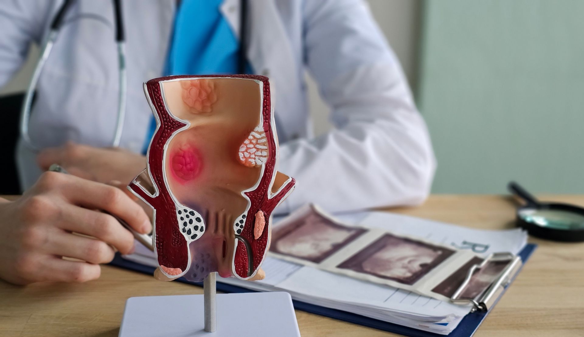 Anatomical model of rectum with hemorrhoids in clinic.