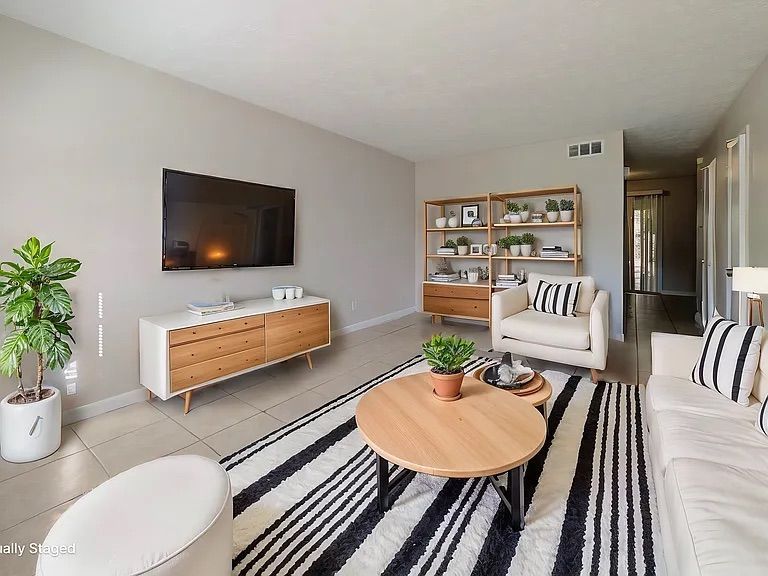 Living room with TV, white sofa, striped rug, wooden furniture, and potted plants.