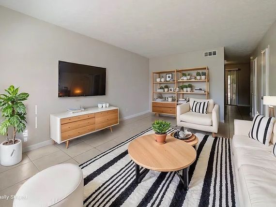 Living room with TV, white sofa, striped rug, wooden furniture, and potted plants.