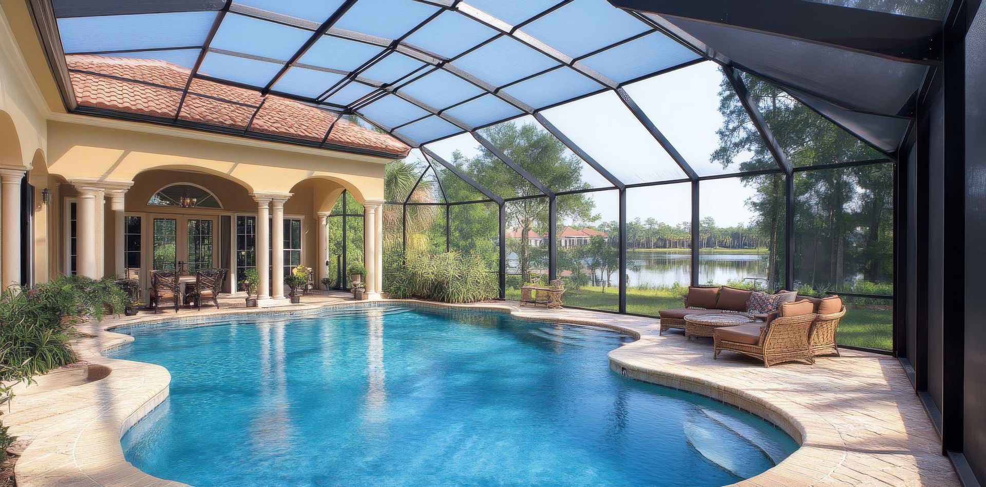 Poolside area with enclosed pool, featuring a pool and outdoor seating.