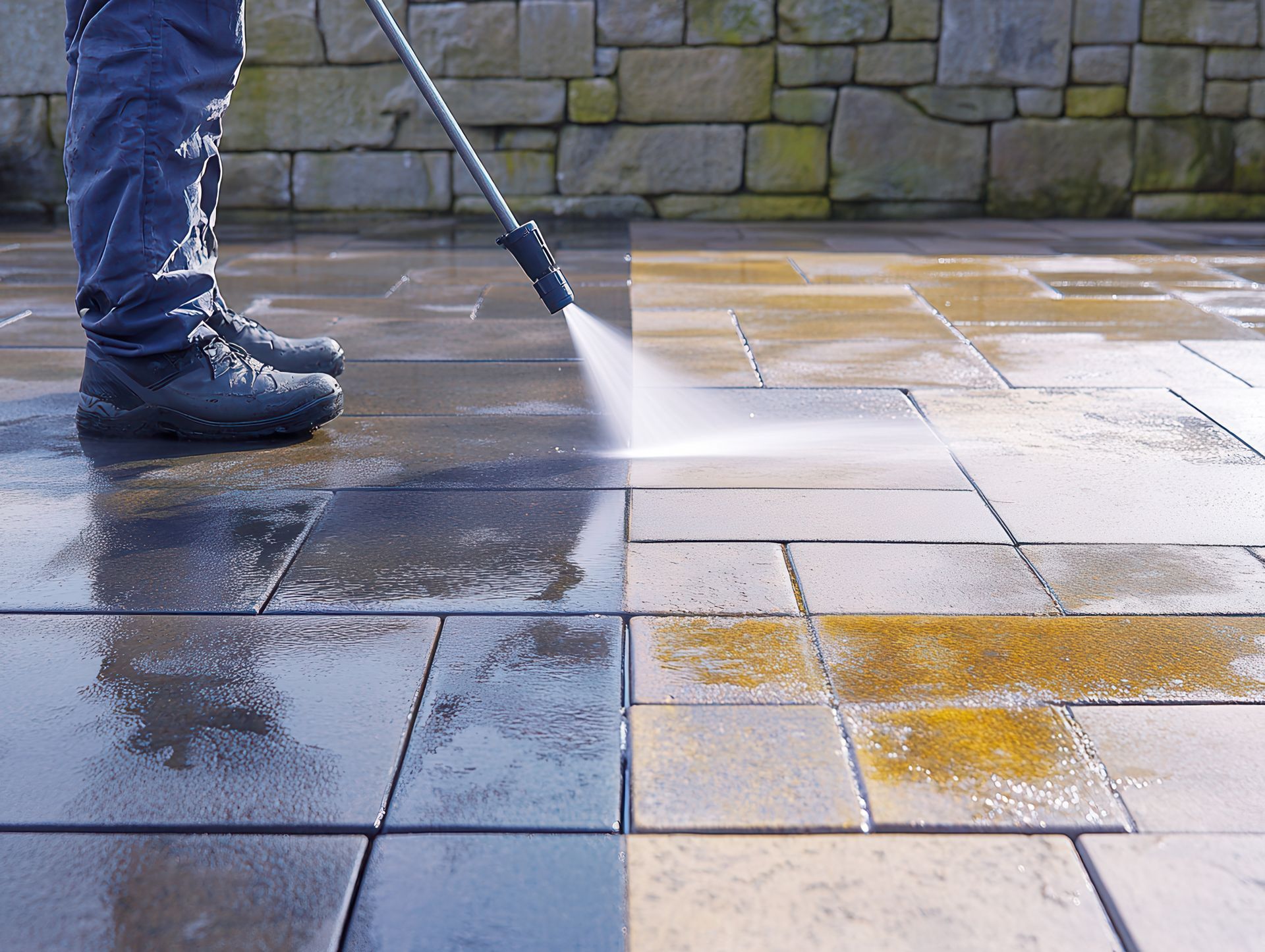 Person power washing a stone patio; half is clean, half is dirty.