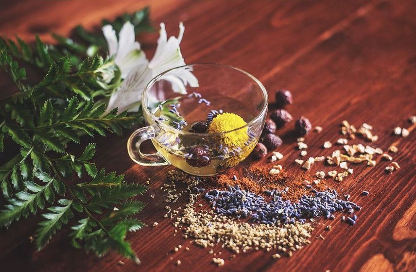 A cup of tea with flowers and herbs on a wooden table.