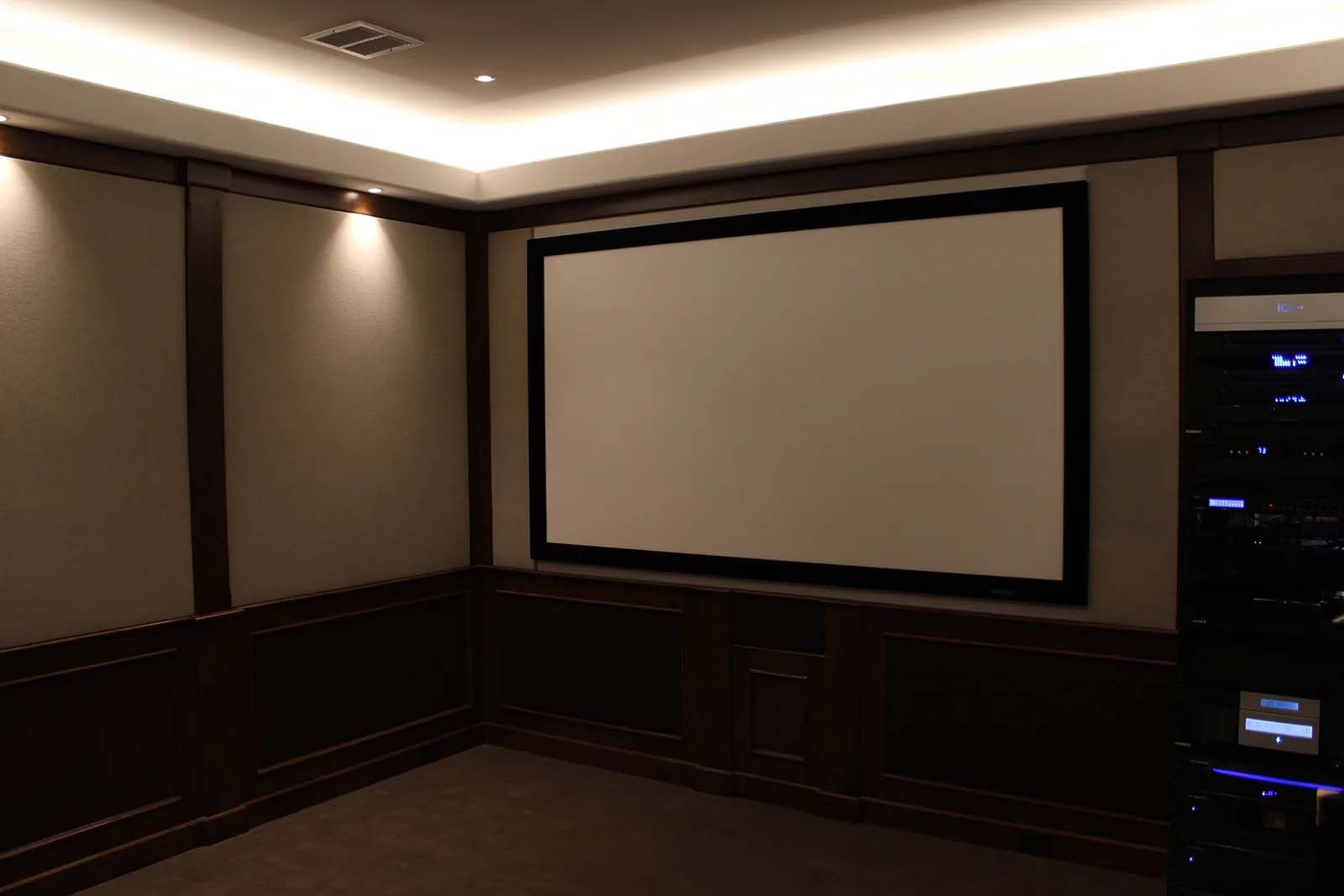There is a projector screen in the middle of the room.