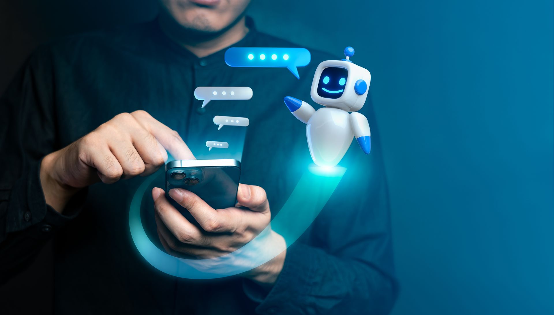 A man is using a smart phone with a robot coming out of it.