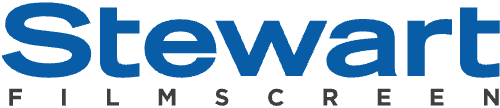 A blue and white logo for stewart films screen
