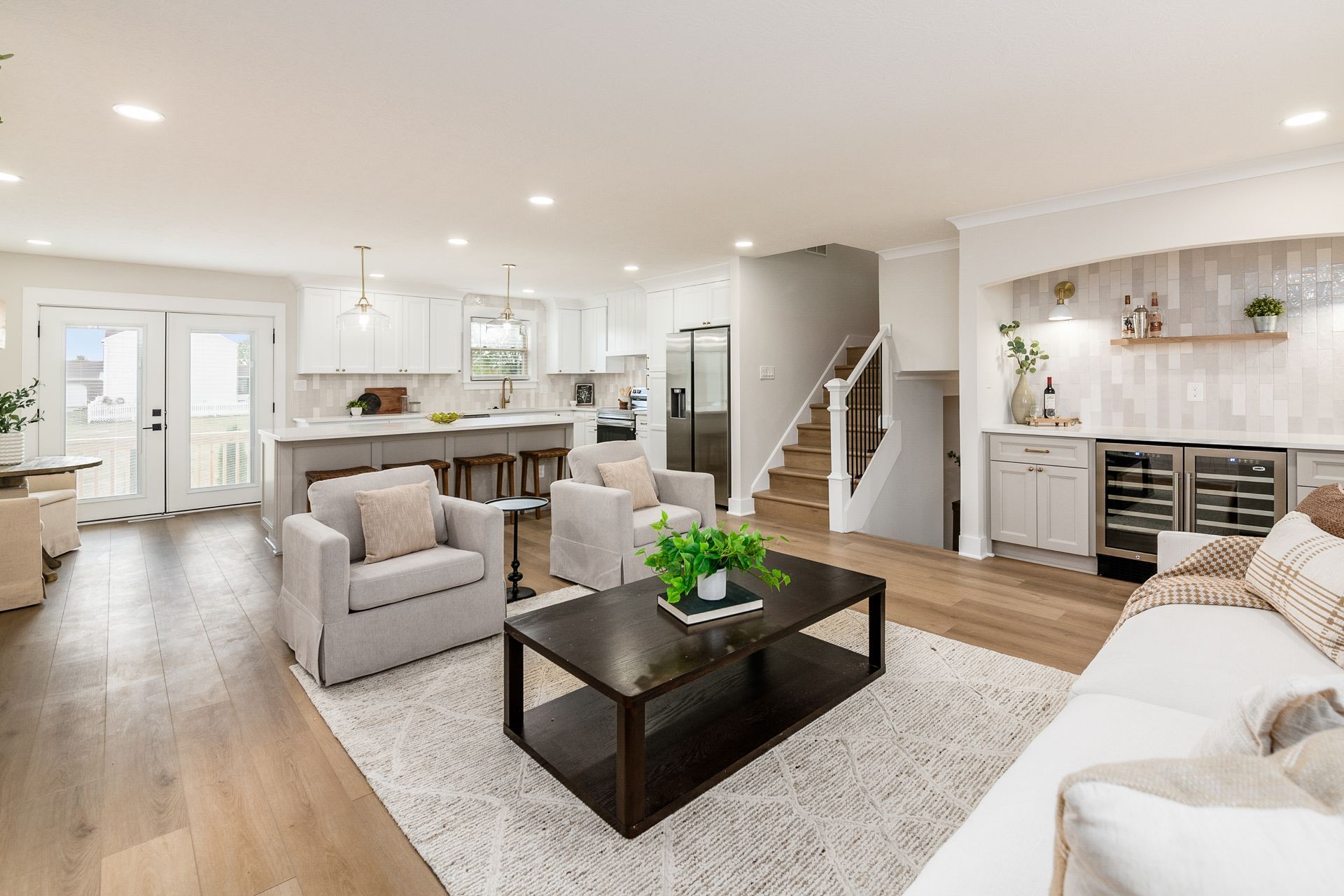A living room filled with furniture and a coffee table.