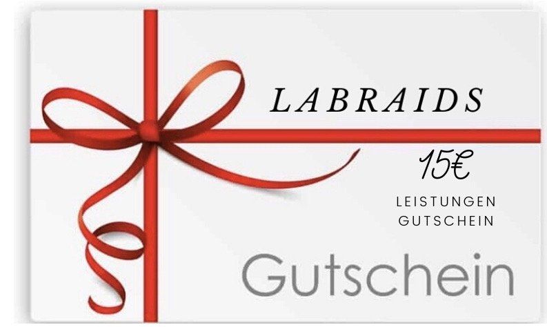 Eine Labraids-Geschenkkarte mit rotem Band und Schleife
