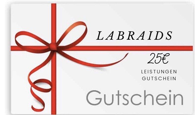 Eine Labraids-Geschenkkarte mit rotem Band und Schleife