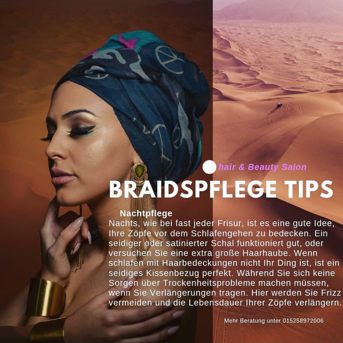 Eine Frau mit Turban und Ohrringen ist auf einem Plakat für Tipps zur Zopfpflege abgebildet