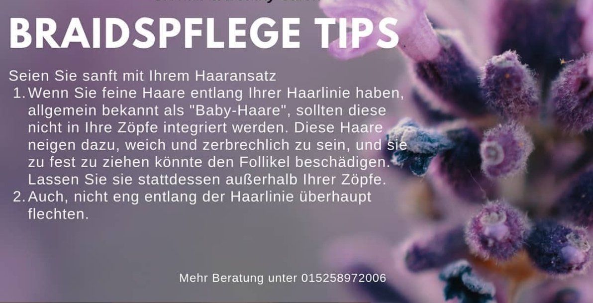 Ein violetter Hintergrund mit den Worten „Braidspflege Tipps“ darauf