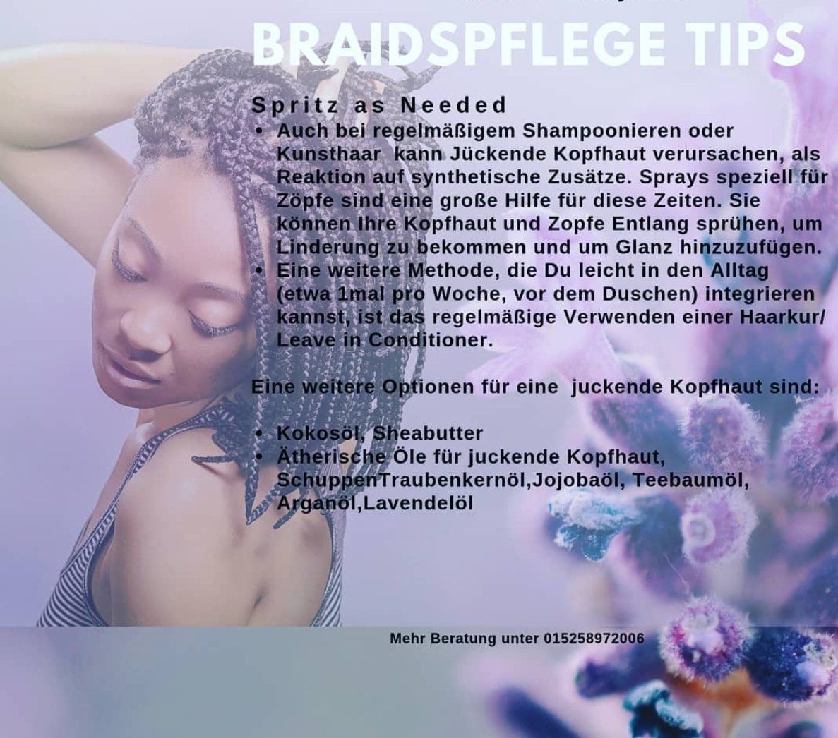 Eine Frau mit Zöpfen ist auf einem Plakat mit der Aufschrift „Tipps zur Zopfpflege“