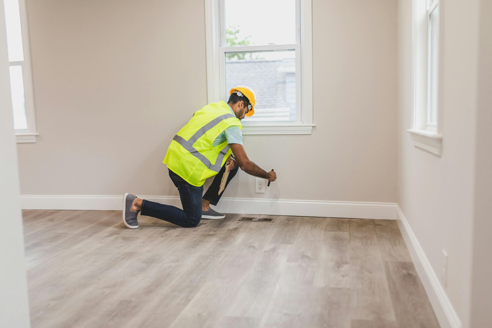 Person in safety vest and hard hat inspecting a wall outlet in a room with hardwood floors.