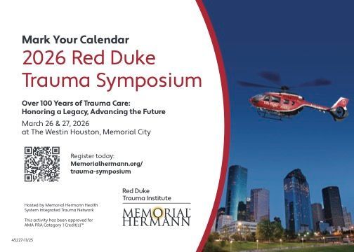 Advertisement for the 2026 Red Duke Trauma Symposium in Houston. A helicopter flies over the city skyline.
