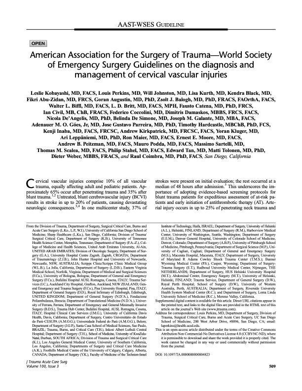 Title page of the AAST-WSES clinical guidelines on the diagnosis and management of cervical vascular injuries.
