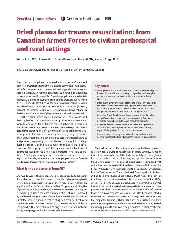 Article on dried plasma for trauma resuscitation