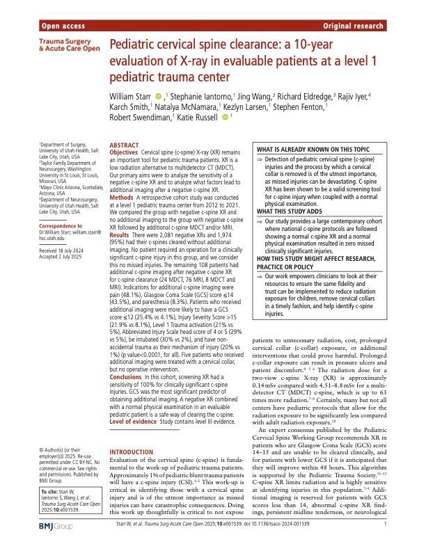 A scientific article discussing pediatric cervical spine clearance using X-ray at a trauma center.
