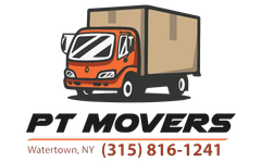 PT Movers logo with orange moving truck and text “Watertown, NY (315) 816-1241”