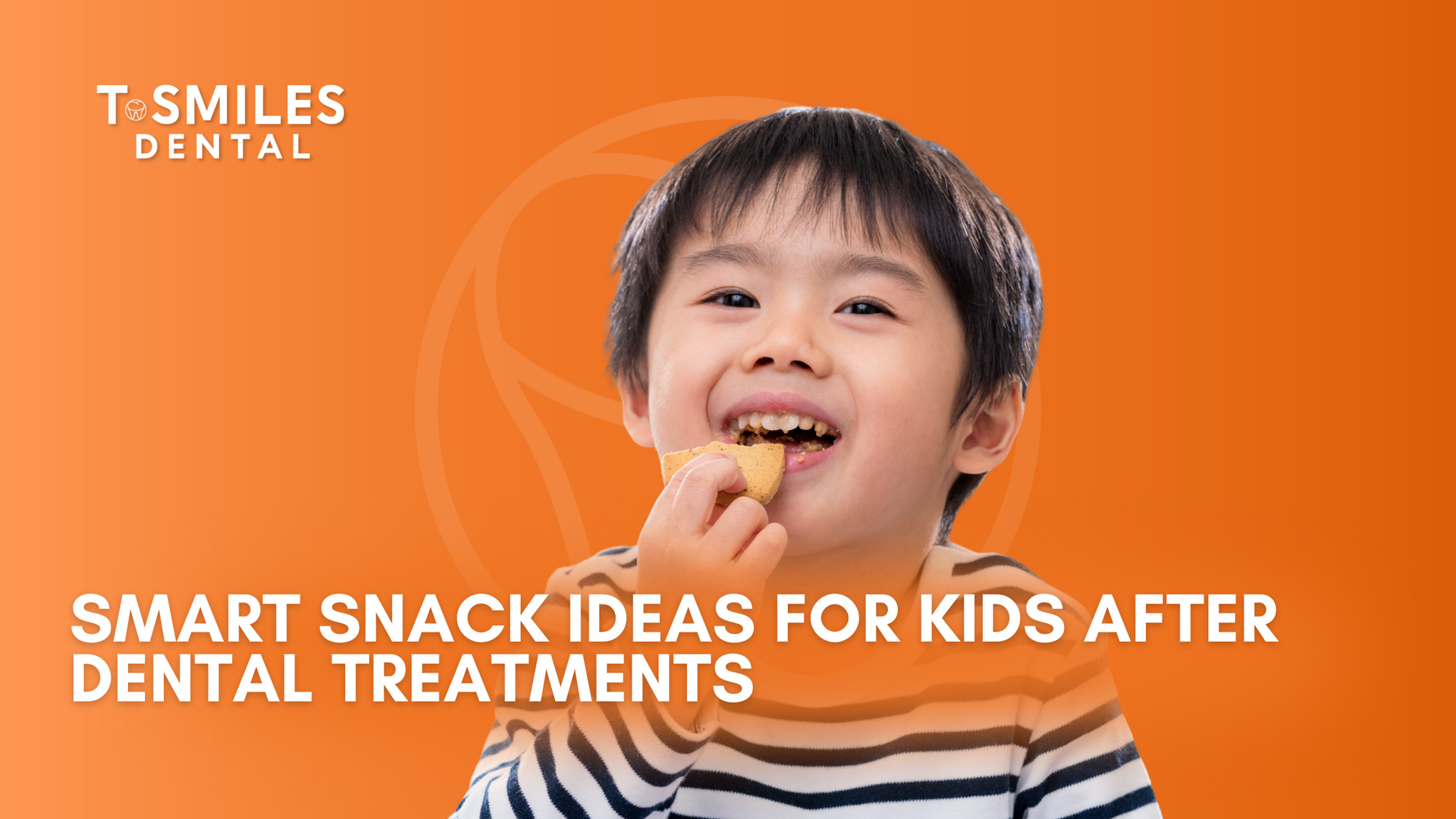Smiling child eating a snack after dental treatment, orange background. 