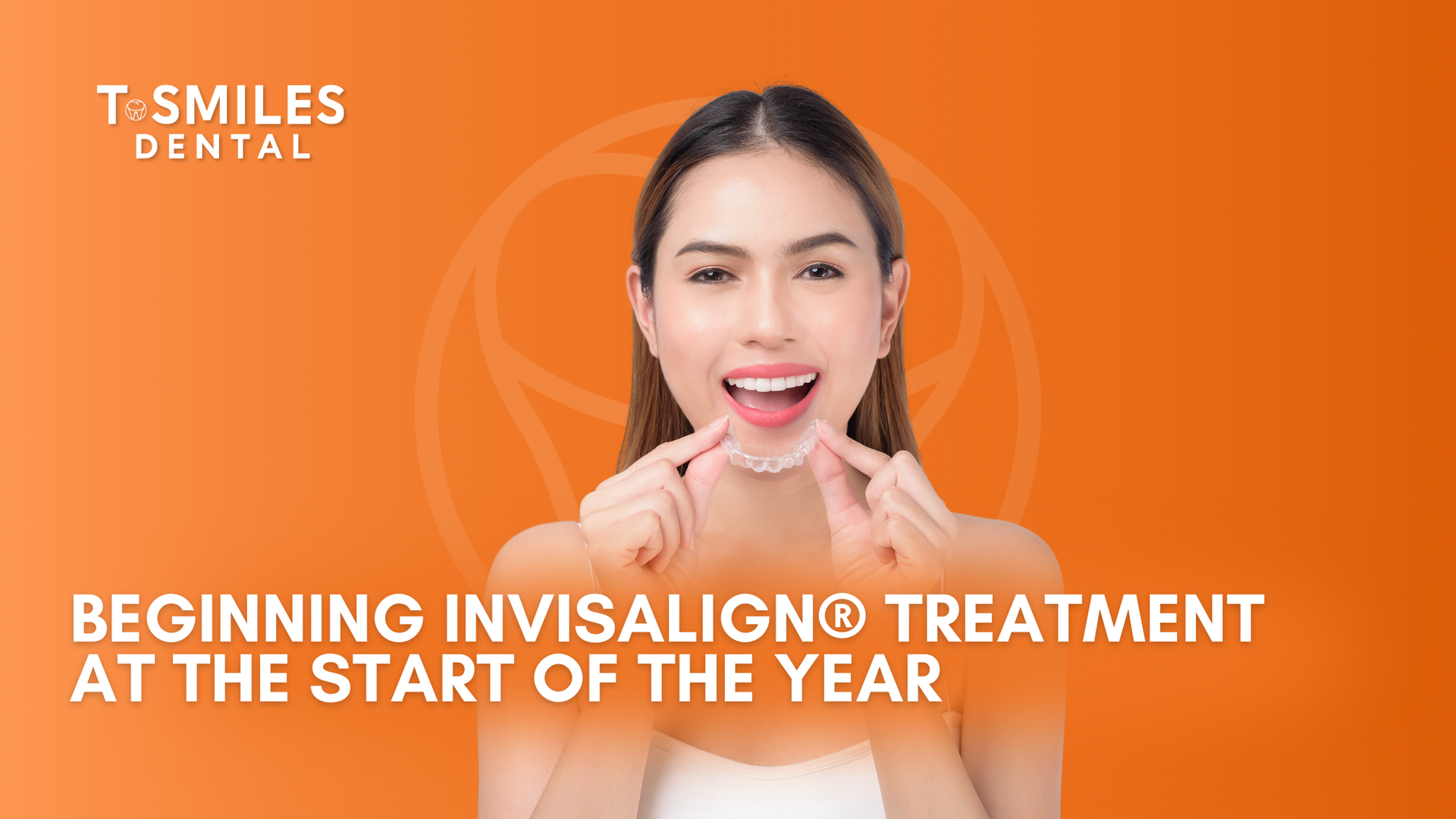 Woman holding Invisalign aligner, smiling, orange background, text: