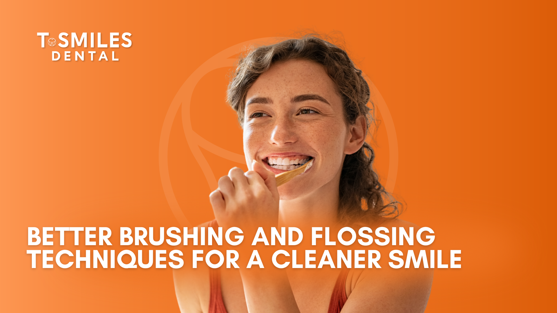 Woman brushing teeth against an orange background with dental clinic logo. Text: