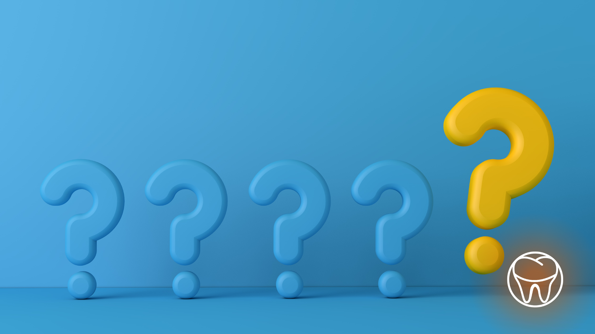 Four blue question marks with a yellow one, on a blue background.