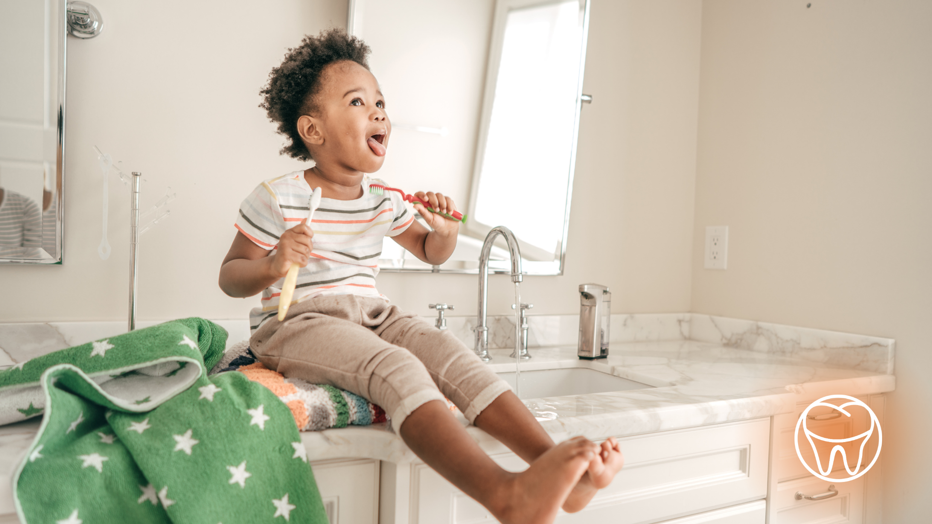 Child brushing teeth while sitting on a bathroom counter.