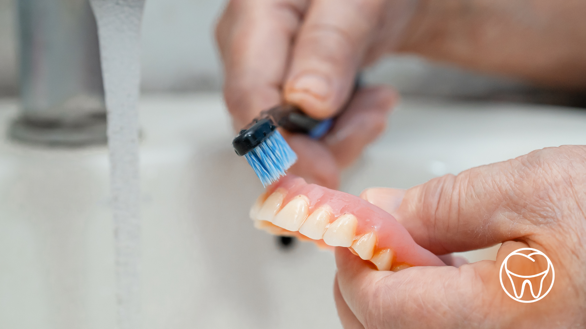 A person is brushing a denture with a toothbrush in a sink.