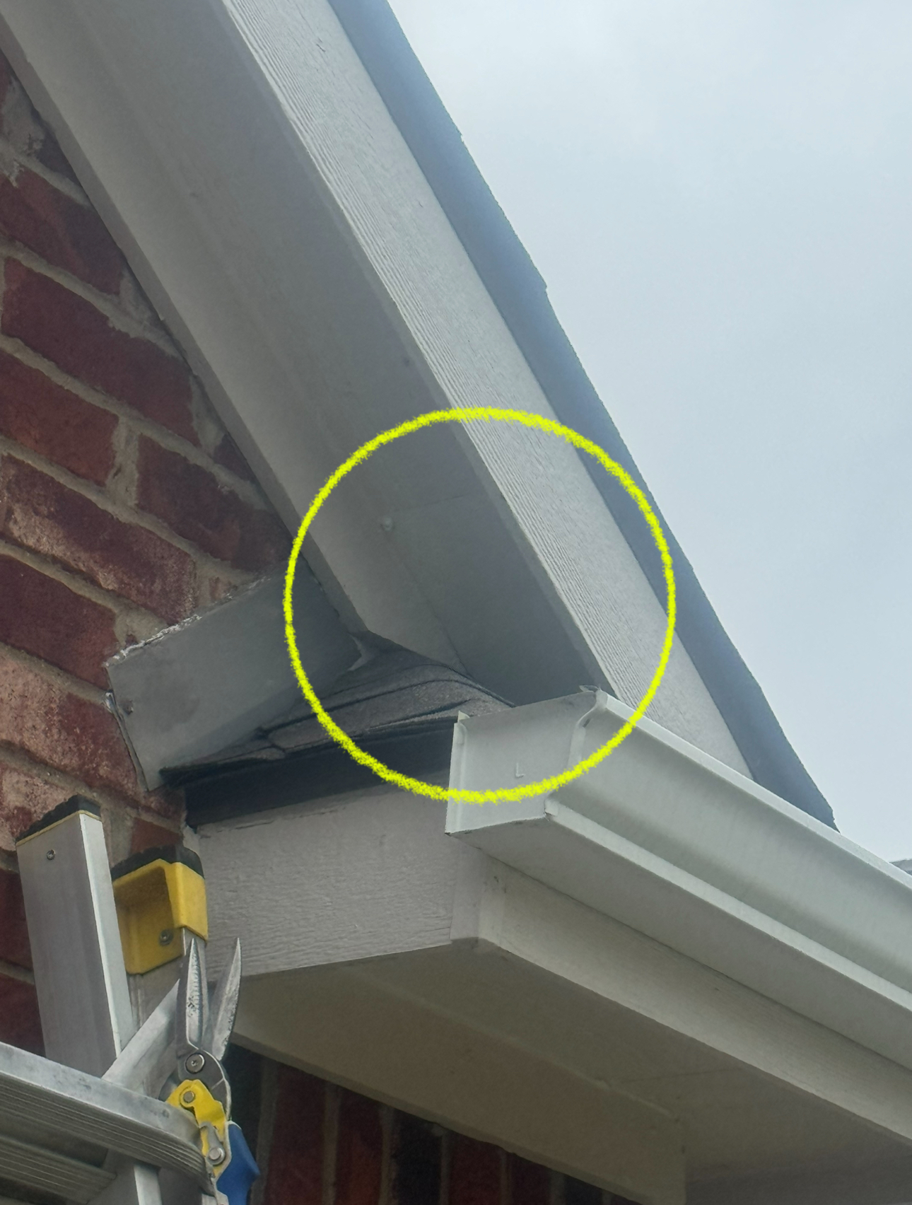 Gutter area on brick building, yellow circle highlights section needing repair. White, gray, and red colors.