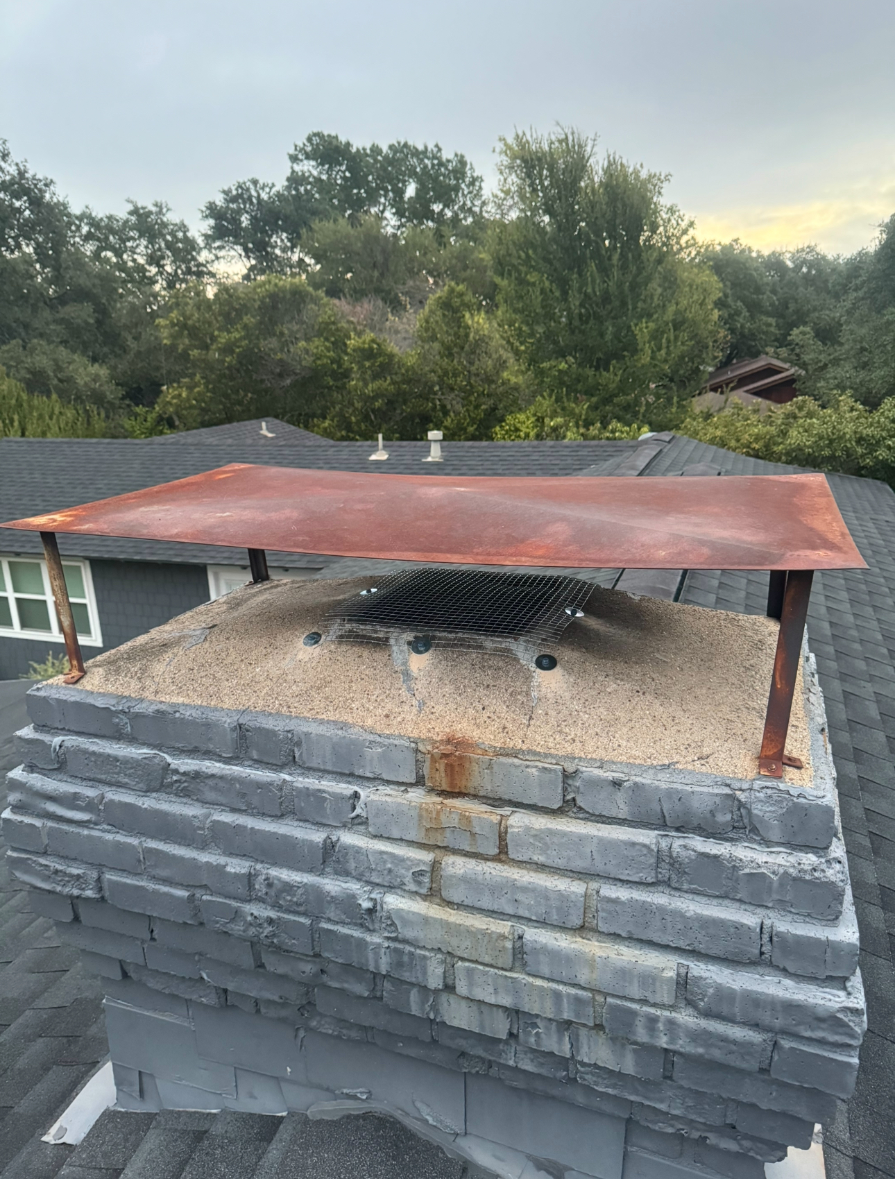 Rusted chimney cap with wire mesh over a brick chimney on a roof, trees in the background.