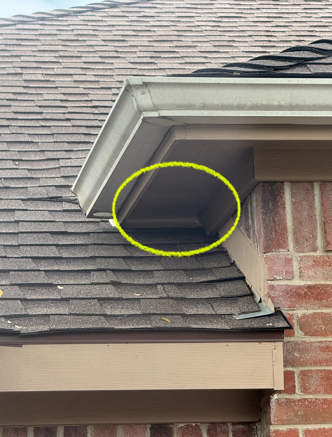 Close-up of a roof corner with gutter. A section of dark trim is circled, adjacent to brick wall.
