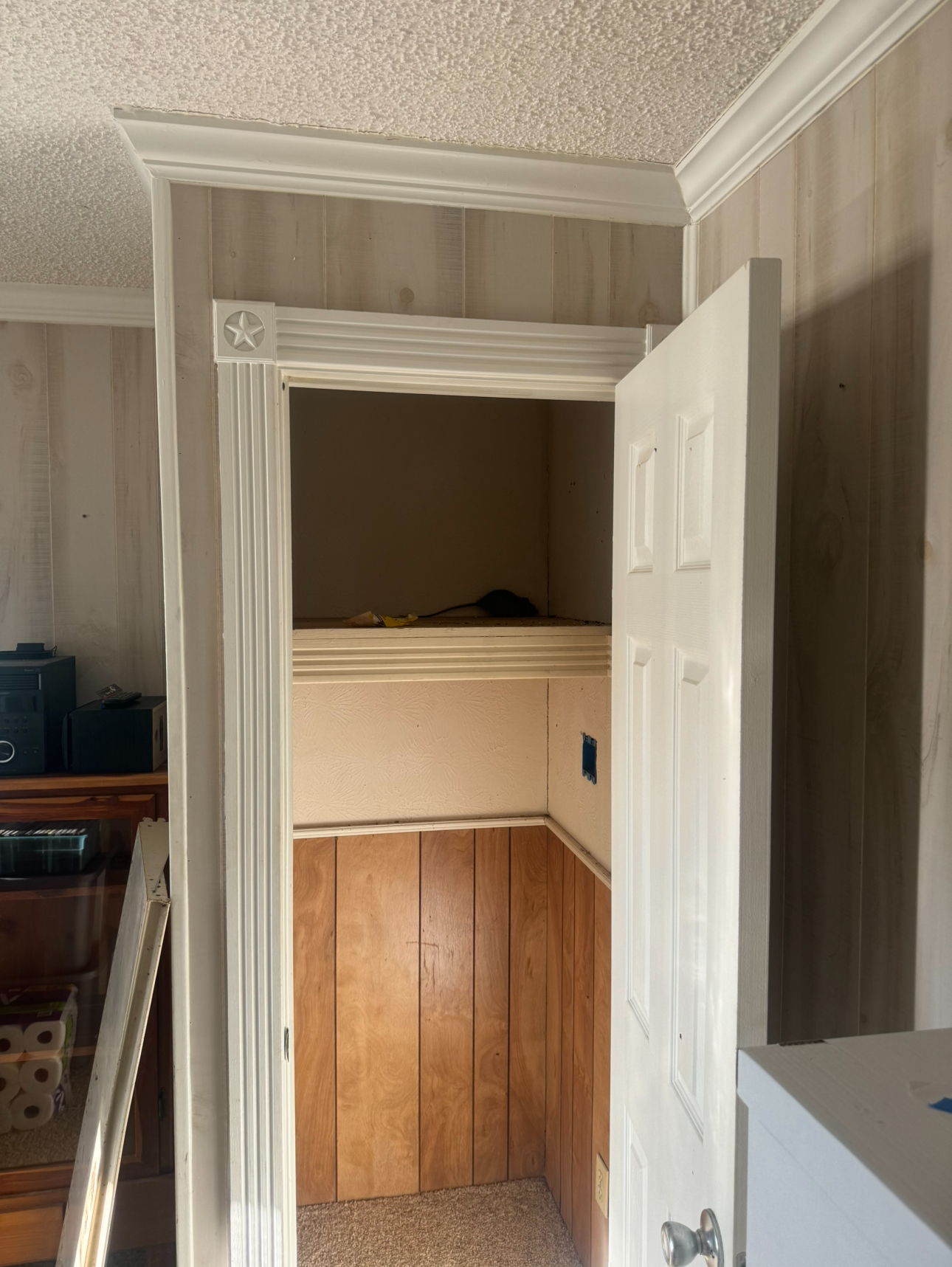Open doorway to a small closet with white trim and a closed door.